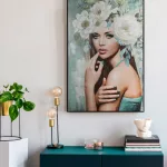 Női portrét ábrázoló kézzel festett falikép 573a Türkiz 80x120 cm