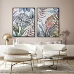 Vászonkép egzotikus levelekkel fekete keretben 589b Zöld/kék 60x80 cm