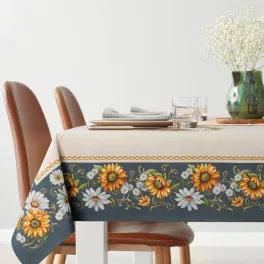  Napraforgó és margaréta mintás gobelin asztalterítő Natúr/sötétkék 140x180 cm +/- 5%