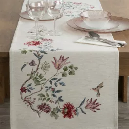   Egzotikus virágmintás gobelin asztali futó zsenília fonalból Natúr 45x140 cm
