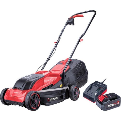 Akkumulátoros fűnyíró, Worcraft CLM-S20LiB ShareSYS, fekete/piros, vágásszélesség: 32 cm, 20 V Li-Ion, 6,0 Ah, 3500 fordulat/perc, 30 l gyűjtőkosár, akkumulátorral és töltővel