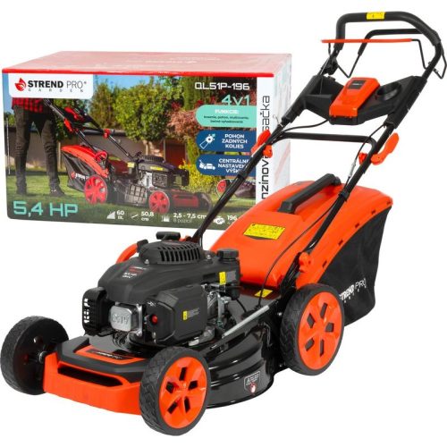 Benzinmotoros fűnyíró, Strend Pro Garden QL51PD-196, fekete/narancssárga, vágásszélesség: 51 cm, Loncin motor, 196 cm3, 4 ütemű, 4000 W, 5,4 LE, 3600 fordulat/perc, 60 l gyűjtőkosár, mulcsozás, oldalkidobás, önjáró