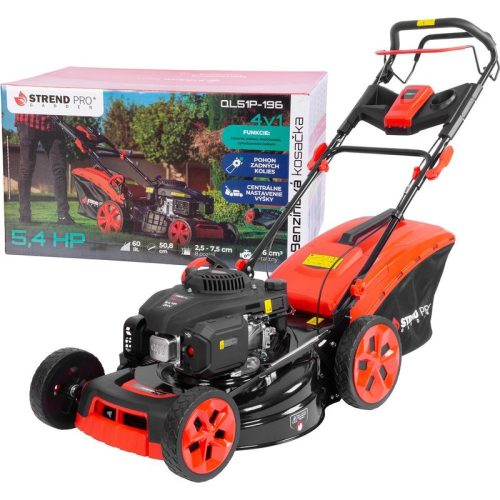 Benzinmotoros fűnyíró, Strend Pro Garden QL51P-196, fekete/piros, vágásszélesség 51 cm, Loncin V200 motor, 196 cm3, 4 ütemű, 4000 W, 5,4 LE, 3600 fordulat/perc, 60 l gyűjtőkosár, oldalkidobás, mulcsozás, önjáró