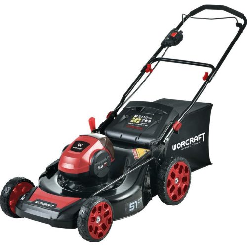 Akkumulátoros fűnyíró, Worcraft CLM-S58LiB, fekete/piros, vágásszélesség: 50,8 cm, 58 V Li-Ion, 3200 fordulat/perc, 60 l gyűjtőkosár, mulcsozás, oldalkidobás, akkumulátorral és töltővel