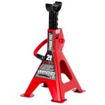 Emelőbak, Strend Pro T42001, piros, 2000 kg teherbírás, 28–43 cm állítható magasság, dupla reteszelés, öntöttvas tartórésszel, 2 db-os csomag