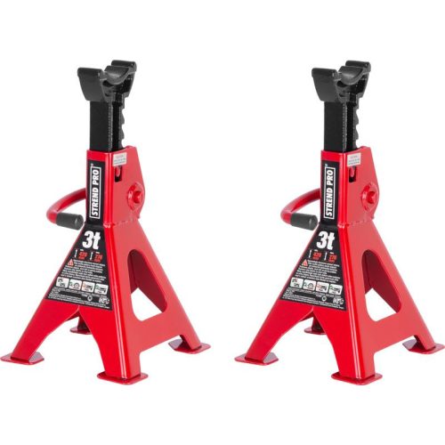 Emelőbak, Strend Pro T43001, piros, 3000 kg teherbírás, 28–43 cm állítható magasság, dupla reteszelés, öntöttvas tartórésszel, 2 db-os csomag