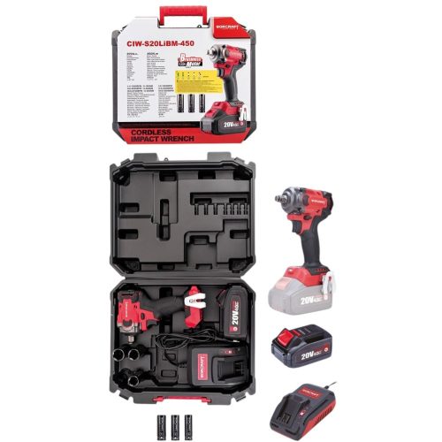 Akkumulátoros ütvecsavarozó, Worcraft CIW-S20LiBM-450 ShareSYS, fekete/piros, 450 Nm, 20 V Li-Ion, 4,0 Ah, akkumulátorral, töltővel, dugókulcsokkal, hordtáskában