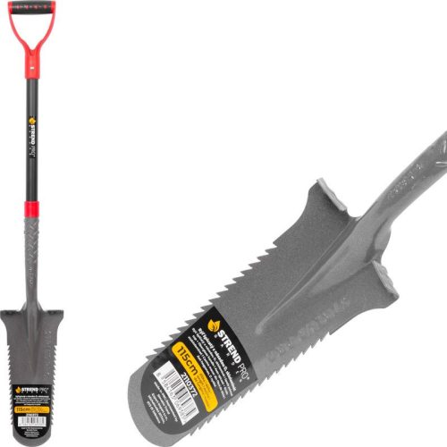 Ásó, Strend Pro Garden Prémium ErgoBULL, 115 cm, keskeny fej, szürke/fekete, acél fej, üvegszálas nyél, D markolat, fogazott él, vízelvezető kialakítás, csatornázó