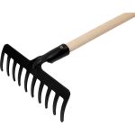 Kerti gereblye, Strend Pro Premium R-606, fekete, 10 fogú, acél fej, fa nyél, 26 cm munkaszélesség, 154 cm nyél