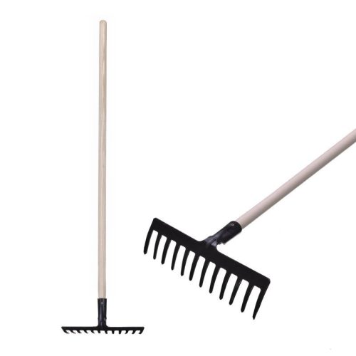 Kerti gereblye, Strend Pro Premium R-606, fekete, 12 fogú, acél fej, fa nyél, 34 cm munkaszélesség, 154 cm nyél