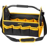 Szerszámos táska, Strend Pro, 45 × 28 × 33 cm, fekete/sárga, textil, nehéz szerszámokhoz, oldalzsebekkel, rögzíthető vállpánttal, 20 kg teherbírás