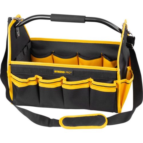 Szerszámos táska, Strend Pro, 45 × 28 × 33 cm, fekete/sárga, textil, nehéz szerszámokhoz, oldalzsebekkel, rögzíthető vállpánttal, 20 kg teherbírás