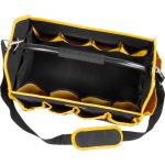 Szerszámos táska, Strend Pro, 45 × 28 × 33 cm, fekete/sárga, textil, nehéz szerszámokhoz, oldalzsebekkel, rögzíthető vállpánttal, 20 kg teherbírás