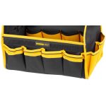Szerszámos táska, Strend Pro, 45 × 28 × 33 cm, fekete/sárga, textil, nehéz szerszámokhoz, oldalzsebekkel, rögzíthető vállpánttal, 20 kg teherbírás