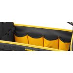 Szerszámos táska, Strend Pro, 45 × 28 × 33 cm, fekete/sárga, textil, nehéz szerszámokhoz, oldalzsebekkel, rögzíthető vállpánttal, 20 kg teherbírás