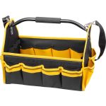 Szerszámos táska, Strend Pro, 45 × 28 × 33 cm, fekete/sárga, textil, nehéz szerszámokhoz, oldalzsebekkel, rögzíthető vállpánttal, 20 kg teherbírás