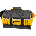 Szerszámos táska, Strend Pro, 44 x 25 x 24 cm, fekete/sárga, cipzáras, gumírozott alj, vállpánttal, nehéz szerszámokhoz, 20 kg teherbírás