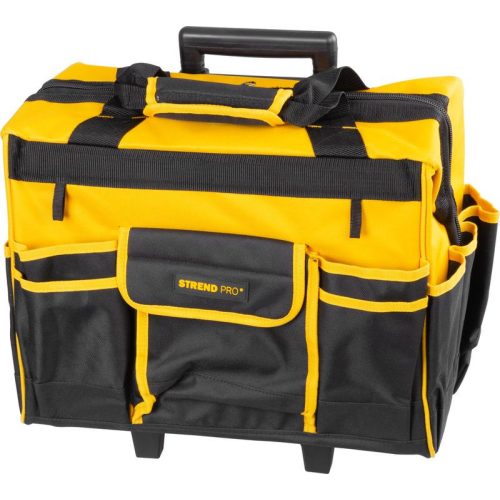Szerszámos táska, Strend Pro, 44 x 24 x 42 cm, fekete/sárga, textil, kerekekkel, teleszkópos fogantyúval, cipzáras, 20 kg teherbírás
