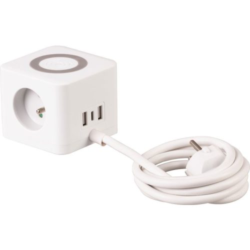 USB-s hosszabbítós elosztó, Strend Pro, 1,4 m, fehér, 3 aljzat, USB-C, 2 x USB-A 5 V, vezeték nélküli töltés, kocka