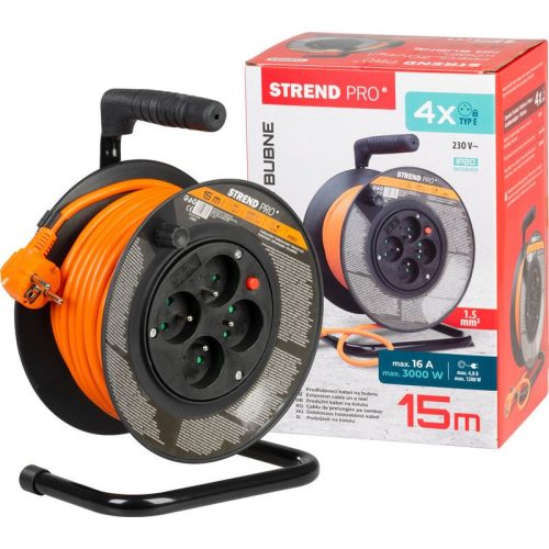 Kábeldob, Strend Pro DG-FB04, 15 m, narancssárga, 4 aljzat, 230 V, 1,5 mm2, maximum 3000 W