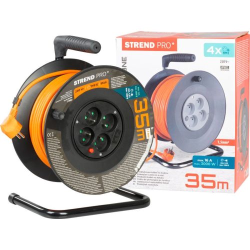 Kábeldob, Strend Pro DG-FB04, 35 m, narancssárga, 4 aljzat, 230 V, 1,5 mm2, maximum 3680 W