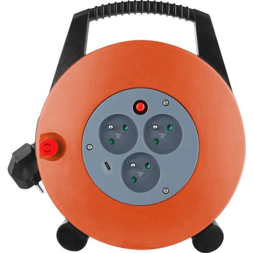 Kábeldob, Strend Pro, 10 m, narancssárga, 3 aljzat, 16 A, USB-C port, tartós kivitel, könnyű kezelhetőség, egyszerű tárolás
