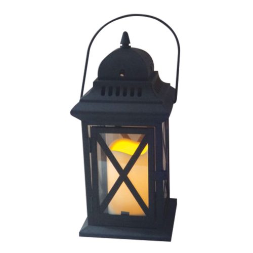 Lámpás, MagicHome LM3609, 14 × 14 × 30 cm, fekete, LED, 3 × AAA elemekkel, fém, beltéri, vintage stílusú, gyertyával