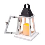 Lámpás, MagicHome LW8823, 17 x 17 x 33 cm, fehér, LED, 3 x AAA elemekkel, fa, beltéri, vintage stílusú, gyertyával