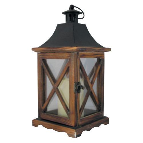 Lámpás, MagicHome LW8834, 16 x 16 x 35 cm, barna, LED, 3 x AAA elemekkel, fa, beltéri, vintage stílusú, gyertyával