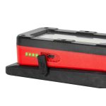 Munkalámpa, Strend Pro MWL539, fekete/piros, 12,5 × 5,5 × 3,8 cm, COB LED 100 + 250 lm, 2200 mAh, USB töltés, akkumulátoros, 4 üzemmód