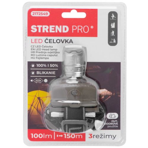 Fejlámpa, Strend Pro Headlight H833, szürke, 100 lm fényerő, 2 W, Cree LED, zoom funkció, 3 világítási mód, 150 m hatótáv, elemes (3 × AAA), ultrakönnyű