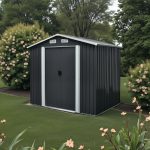 Kerti ház, Strend Pro Garden, 236 × 174 × 206 cm, antracit, fémlemez, korrózióálló, dupla tolóajtó, 4 szellőzőnyílás, horganyzott keret, opcionális padlószerkezet