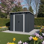 Kerti ház, Strend Pro Garden, 238 x 193 x 202 cm, antracit, fémlemez, időjárásálló, dupla tolóajtó, 4 szellőzőnyílás