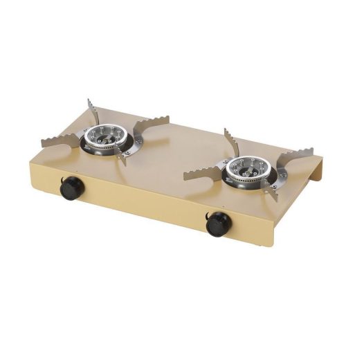 Gázfőző, asztali, Meva Rivet, bézs, 42 x 23 x 8 cm, két égőfejes, 3 kW, 5 és 10 kg-os PB palackhoz, 30 mbar nyomásszabályzóval, maximum 7 kg/égő teherbírás