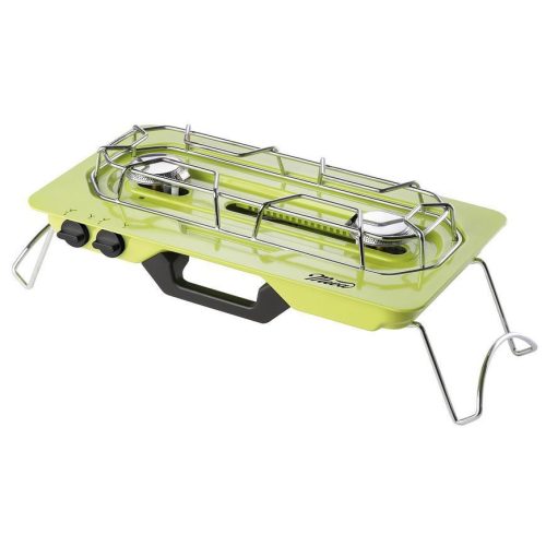 Gázfőző, asztali, Meva Move, zöld, 57,5 × 24 × 17 cm, két égőfejes, piezo gyújtás, 7/16 menetes és szelepes patronhoz