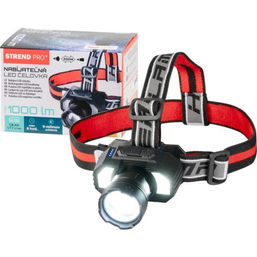 Fejlámpa, Strend Pro XL121807, fekete, 1000 lm, LED, zoom funkció, 1800 mAh Li-ion, USB töltés, akkumulátoros, állítható fejpánt