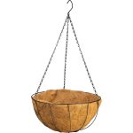 Függő virágtartó, Strend Pro Garden, 40 cm, fekete váz, barna kókuszrost bélés, acél, lánccal és kampóval, kerek