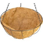 Függő virágtartó, Strend Pro Garden, 40 cm, fekete váz, barna kókuszrost bélés, acél, lánccal és kampóval, kerek