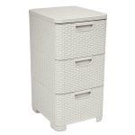 Komód, Curver Style, krémszínű, 33 × 60 × 38 cm, 3 fiókos, műanyag, rattan hatású, szögletes