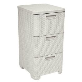   Komód, Curver Style, krémszínű, 33 × 60 × 38 cm, 3 fiókos, műanyag, rattan hatású, szögletes