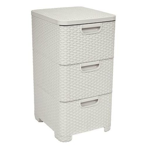 Komód, Curver Style, krémszínű, 33 × 60 × 38 cm, 3 fiókos, műanyag, rattan hatású, szögletes