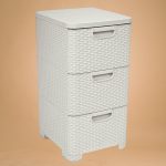 Komód, Curver Style, krémszínű, 33 × 60 × 38 cm, 3 fiókos, műanyag, rattan hatású, szögletes