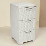 Komód, Curver Style, krémszínű, 33 × 60 × 38 cm, 3 fiókos, műanyag, rattan hatású, szögletes