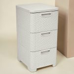 Komód, Curver Style, krémszínű, 33 × 60 × 38 cm, 3 fiókos, műanyag, rattan hatású, szögletes