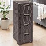 Komód, Curver Stylre, sötétbarna, 33 x 79 x 38 cm, 4 fiókos, műanyag, rattan hatású, szögletes