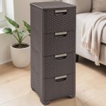 Komód, Curver Stylre, sötétbarna, 33 x 79 x 38 cm, 4 fiókos, műanyag, rattan hatású, szögletes