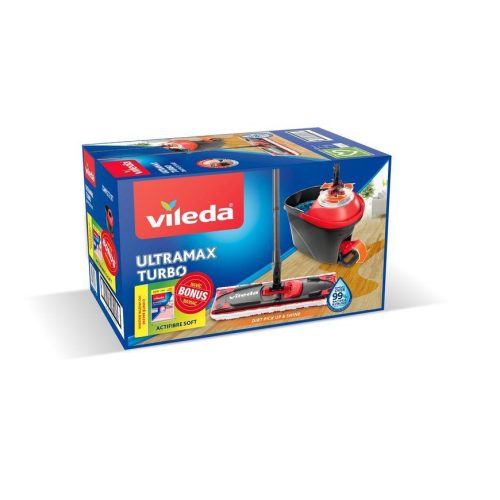 Felmosó szett, Vileda Ultramax Turbo + Actifibre Soft kendő, pedálos vödörrel, 36 × 14 cm fej, háromrészes teleszkópos nyél