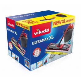   Felmosó szett, Vileda Ultramax XL One Size, piros-szürke, vödörrel és kosárral, 20%-kal hosszabb fejjel, kemény padlóhoz, 60 °C-on mosható