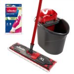 Felmosó szett, Vileda Ultramax XL One Size, piros-szürke, vödörrel és kosárral, 20%-kal hosszabb fejjel, kemény padlóhoz, 60 °C-on mosható