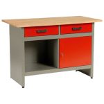 Munkaasztal, 1 US, szürke/piros, 121,5 x 61,5 x 80 cm, acéllemez, 2 fiók, golyóscsapágyas fióksínek, állítható lábak, zárható ajtó
